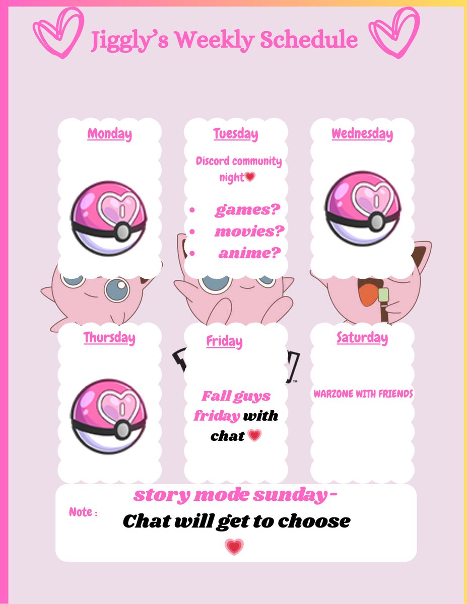 jigglypuffx_'s tweet image. 7/28 weekly schedule 🤗💗
