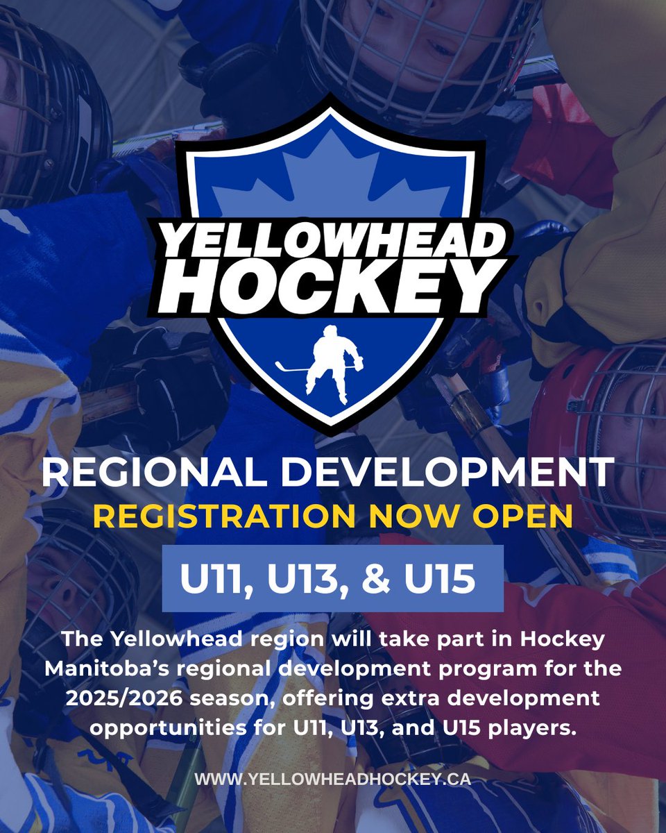 Yellowhead Hockey is excited to take part in Hockey Manitoba’s 2025/2026 Regional Development Program! Registrations are open! 🚨 

👇 Register by age group:
U11 ➡️ shorturl.at/pd03M
U13 ➡️ shorturl.at/OR0h0
U15 ➡️ shorturl.at/NnVSR
