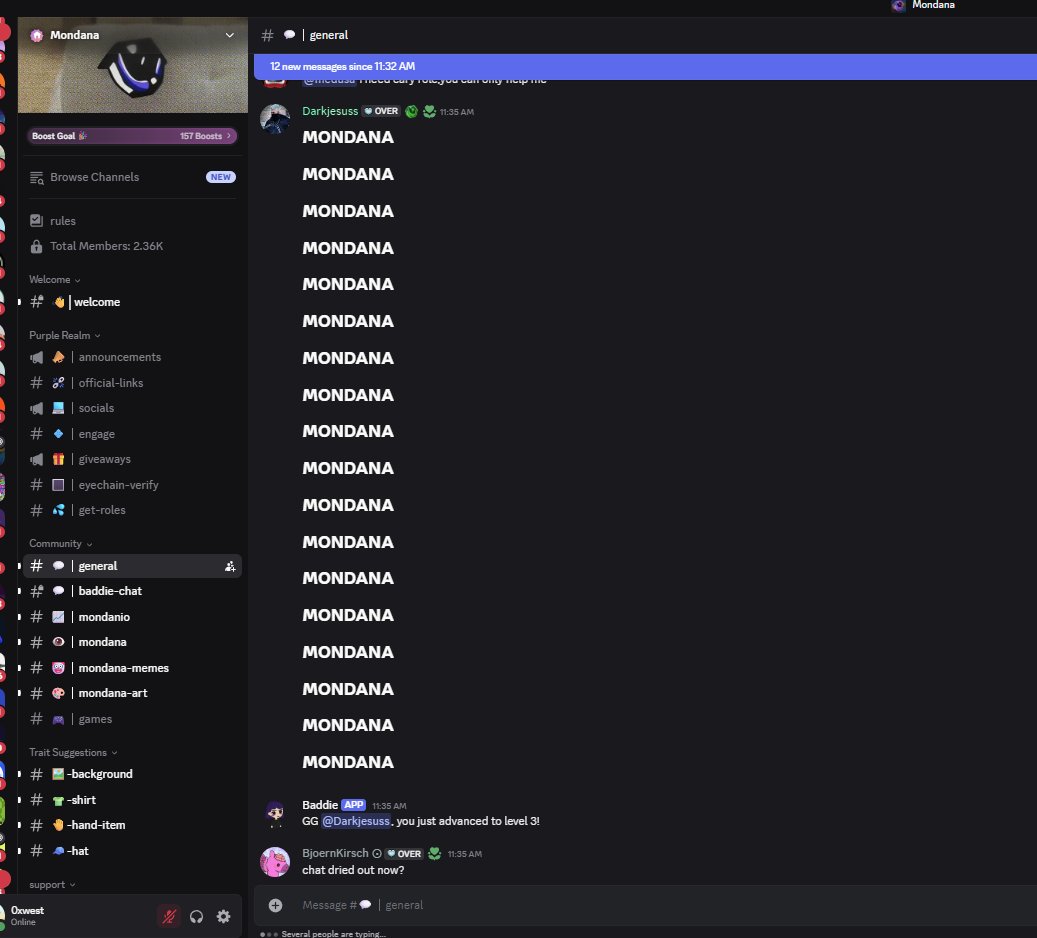 0xwestfury's tweet image. alpha alpha alpha 

Mondana Mondana Mondana Mondana 

NFTs are back fr.
If you’re not in the Mondana Discord, idk what you’re doing
Chat feels like the good ol’ NFT days

@medusa_apple   bringing the cult back

discord.com/invite/mondana…