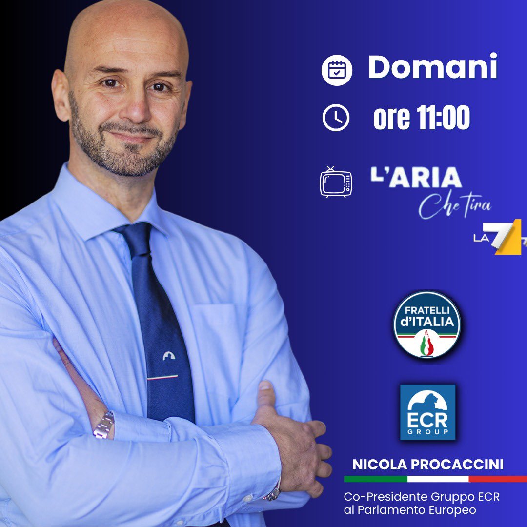 NProcaccini's tweet image. Appuntamento domattina alle ore 11 a L&apos;Aria che Tira su La7.

#27luglio