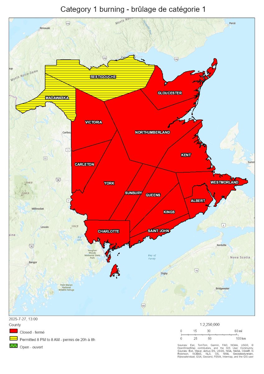 NBForestFires's tweet image. Burning conditions are valid from 2 PM July 27 to 2 PM July 28. Between 8 PM and 8 AM burning is permitted in the following counties: Madawaska, Restigouche. All other counties are closed for burning.