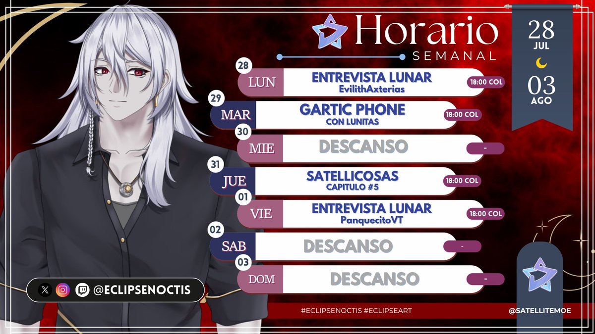EclipseNoctis's tweet image. #HorarioSemanal Vuelven las entrevistas lunares y tendremos 2 en esta semana 👀
👉Lunes: @LadyLillithVT 👈
👉Viernes: @PanquecitoVT 👈
El martes será día de #garticphone con mis LUNITAS
OJO el Jueves es Podcast con mis herman@s de @satellitemoe
#Vtuber #Vtubers #VtuberES😊