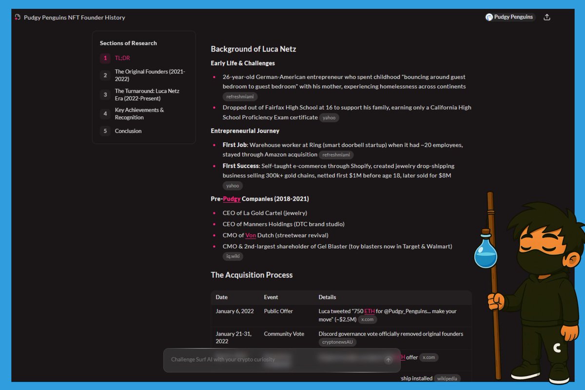 C1PH3Rx91's tweet image. Spent time testing Surf today.

Wanted to see how well it handles founder history. 

So I gave it a very simple prompt. 

Tell me about the founder of pudgy penguins. 

But check out what I got back. 

Full backstory on Luca Netz even a step by step timeline of the acquisition.…