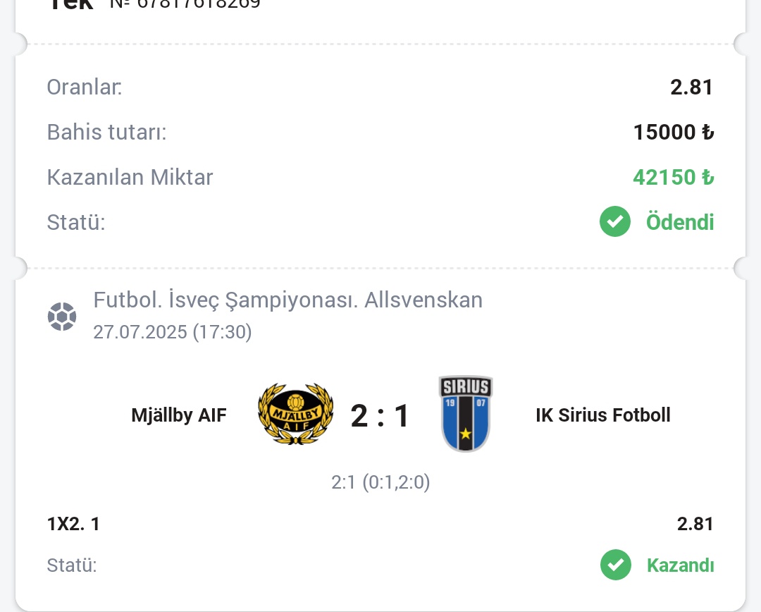 Varan - 4 🏆

15.000tl 👉🏻 42.150tl ✅✅

Net kazanç: 27.150tl 💸