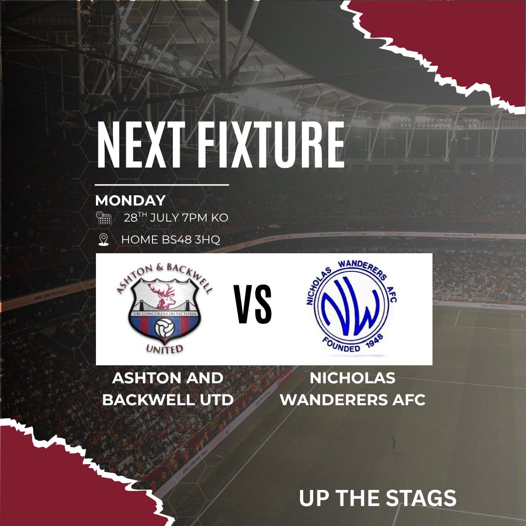 Ashton & Backwell United FC (@abufcsocial) on Twitter photo Final preseason game tomorrow night at home for a 7PM KO vs <a href="/the_wands/">Nicholas Wanderers AFC</a>
Bars open and cash only
#UPTHESTAGS 🦌🦌 Final preseason game tomorrow night at home for a 7PM KO vs <a href="/the_wands/">Nicholas Wanderers AFC</a>
Bars open and cash only
#UPTHESTAGS 🦌🦌