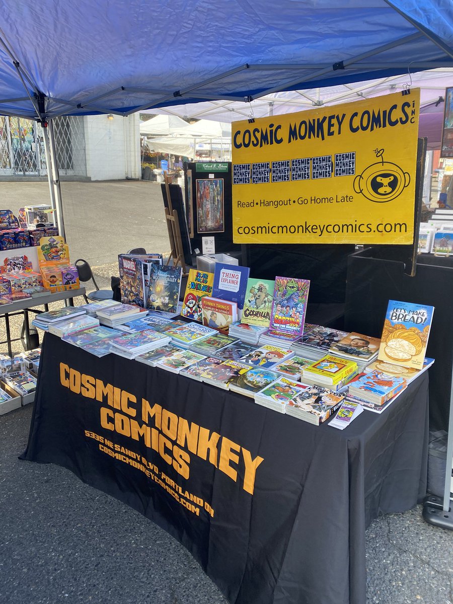 We're set up at the Montavilla Street Fair today, both 44. #montavillapdx #montavillafarmersmarket #montavilla #pdxcomics #portlandcomicbookstore #takingcomicstothestreet #readmore #readcomics