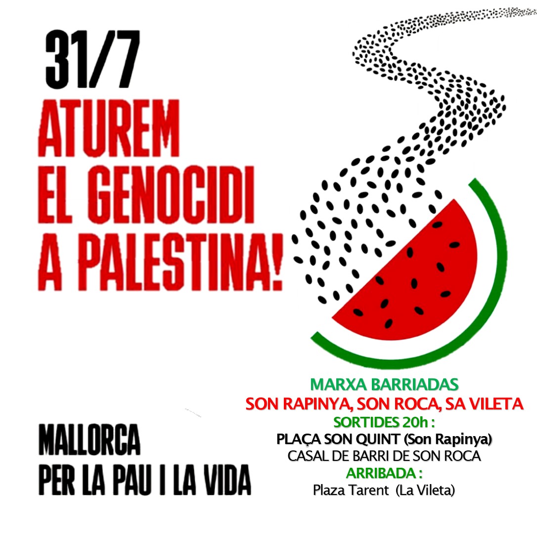 avvsonrapinya's tweet photo. APOYO A LAS MARCHAS POR PALESTINA
Queremos expresar nuestro apoyo a las marchas por Palestina que se realizarán el día 31 de julio y animamos a la ciudadanía a participar de manera activa. Sobran los motivos y vemos como cada día la situación es más grave
@FAAVVPalma https://t.co/iytWwY2GNf