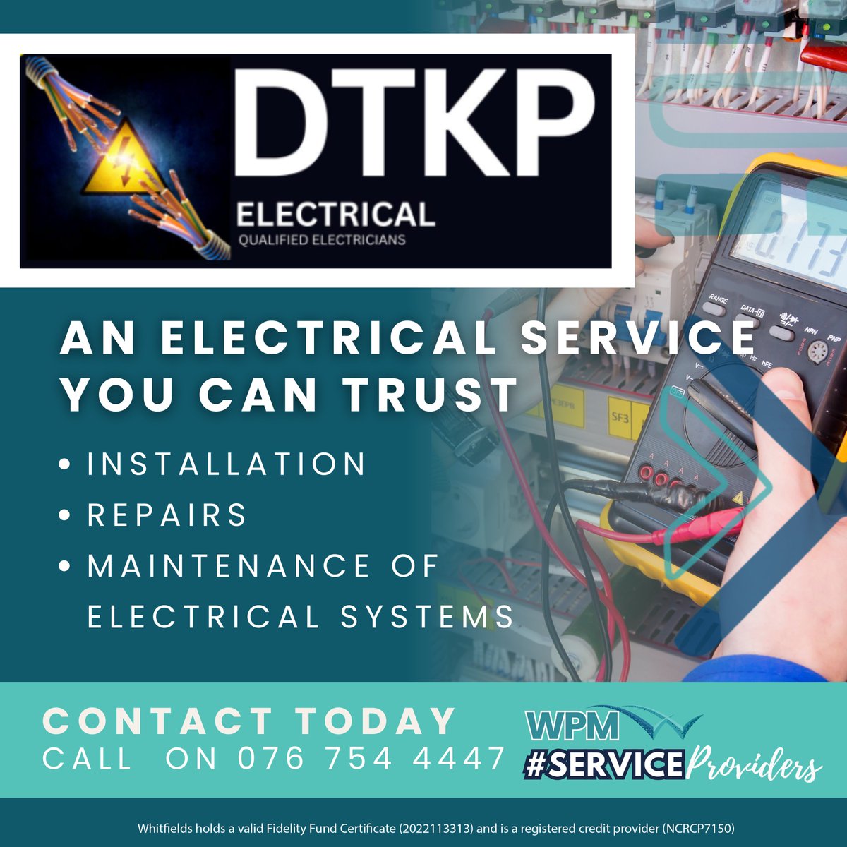 Whitfields (@whitfieldsgroup) on Twitter photo #ServiceProvider - DTKP Electrical has all your electrical needs. Contact them today.
📲 Contact number: 076 754 4447
📧 Email: denzil@dtkpelectrical.co.za #ServiceProvider - DTKP Electrical has all your electrical needs. Contact them today.
📲 Contact number: 076 754 4447
📧 Email: denzil@dtkpelectrical.co.za