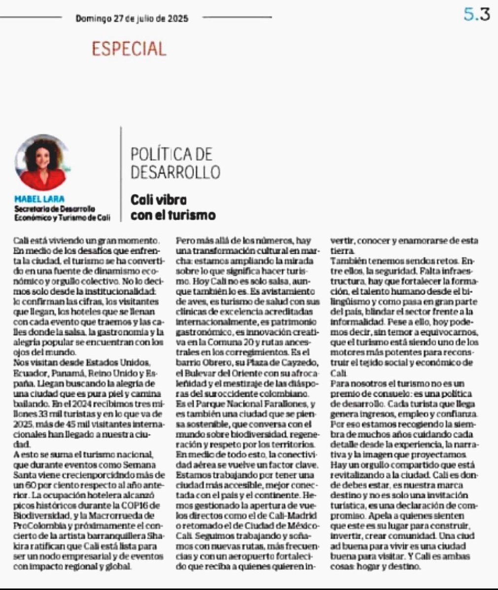 MabelLaraNews's tweet image. Un #ValleQueSeAtreve hoy en @ELTIEMPO: el turismo como punta de lanza para el desarrollo local, la competitividad y el orgullo de ser territorio.
Gracias por invitarnos a escribir sobre lo que estamos construyendo juntos.
Una ciudad buena para vivir, es una ciudad buena para…