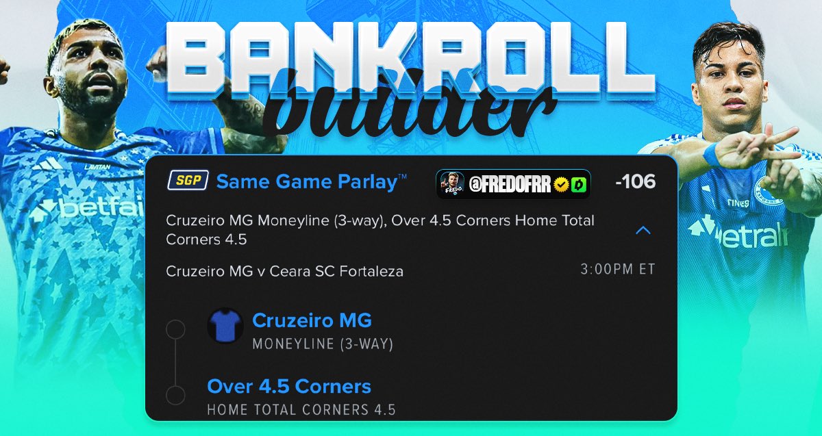 Sunday Bankroll Builder

Serie A 🇧🇷 Cruzeiro vs Ceara
⭐️ Cruzeiro wins
⭐️ Cruzeiro o4.5 corners 

Brazil was pretty bad this week but I’ve been eyeing this game for a while. Cruzeiro should absolutely roll here 3-0 and will be all over on the attack. Vamos 👊🏼