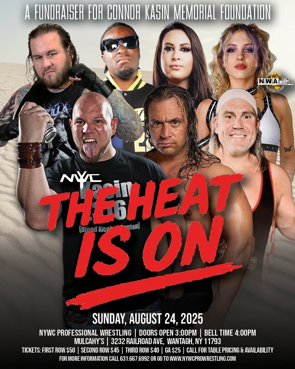NYWCWRESTLING's tweet image. NYWC returns to Mulcahys on Sunday, August 24th for "The Heat is On" (there will be air conditioning!). This event is a fundraiser for the Connor Kasin Memorial Foundation!
Matches to come...
Tickets available ticketweb.com/event/nyc-wres…