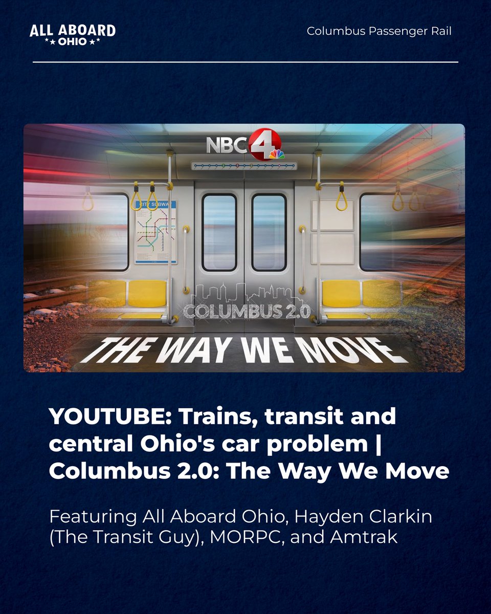 All Aboard Ohio (@allaboardohio) on Twitter photo Huge spotlight on #PassengerRail in Ohio! 🚆
A must-watch new special from <a href="/nbc4i/">NBC4 Columbus</a> explores Central Ohio's transit future, featuring <a href="/AllAboardOhio/">All Aboard Ohio</a>, @TheTransitGuy on why the time to invest is now. youtu.be/-67gD4Lc_i4?si… Huge spotlight on #PassengerRail in Ohio! 🚆
A must-watch new special from <a href="/nbc4i/">NBC4 Columbus</a> explores Central Ohio's transit future, featuring <a href="/AllAboardOhio/">All Aboard Ohio</a>, @TheTransitGuy on why the time to invest is now. youtu.be/-67gD4Lc_i4?si…