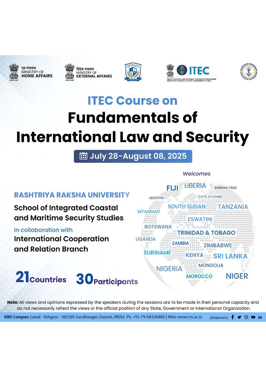 RRU_SICMSS (@sicmss) on Twitter photo Excited to share our upcoming Two-weeks <a href="/MEAIndia/">Randhir Jaiswal</a> ITEC on Fundamentals of International law and Security!#IndiaAfrica #ITEC #GlobalSouth #AfricaPartnership #GlobalUnity #SecurityCooperation <a href="/IndianDiplomacy/">Indian Diplomacy</a> <a href="/AALCO2015/">AALCO</a> <a href="/_AfricanUnion/">African Union</a> <a href="/rru_cil/">RRU Centre for International Law</a> <a href="/RakshaUni/">Rashtriya Raksha University (RRU)</a> Excited to share our upcoming Two-weeks <a href="/MEAIndia/">Randhir Jaiswal</a> ITEC on Fundamentals of International law and Security!#IndiaAfrica #ITEC #GlobalSouth #AfricaPartnership #GlobalUnity #SecurityCooperation <a href="/IndianDiplomacy/">Indian Diplomacy</a> <a href="/AALCO2015/">AALCO</a> <a href="/_AfricanUnion/">African Union</a> <a href="/rru_cil/">RRU Centre for International Law</a> <a href="/RakshaUni/">Rashtriya Raksha University (RRU)</a>