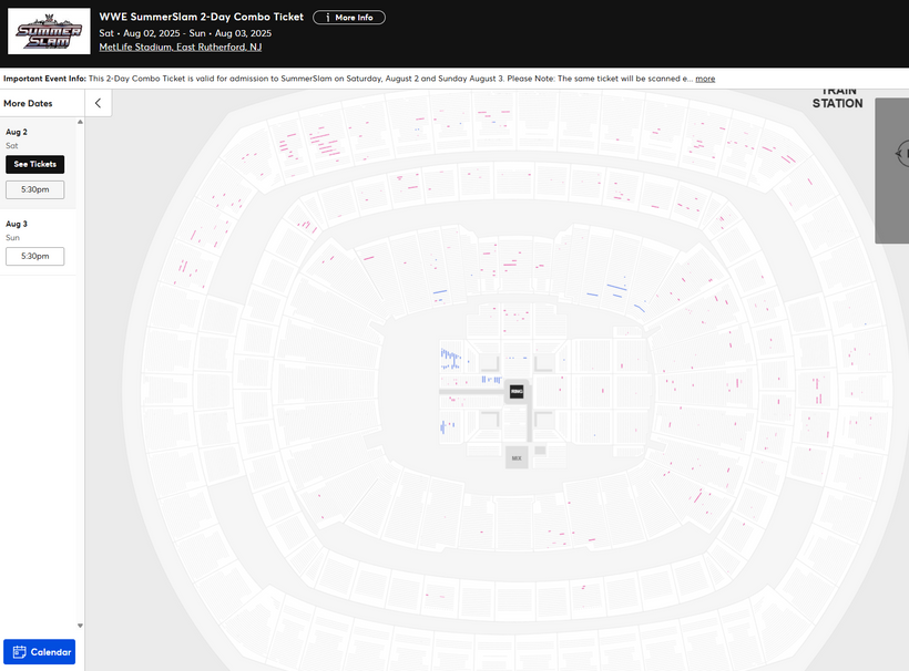 WrestleTix's tweet photo. WWE SummerSlam Saturday
Sat โข Aug 02, 2025 โข 5:30 PM
MetLife Stadium, East Rutherford, NJ
Available Tickets: 3,038
Available Combo Tickets: 209
Current Setup: 45,604
Tickets Distributed: 42,357
๐ +2,077 since the last update (8 days ago)
๐
Days until show: 6
๐ข Total # of seats on map: 85,381
โฎ 8/3/024: SummerSlam at Cleveland Browns Stadium 56,523
๐ฐ Resale: 1295
๐ต Cheapest Ticket Available (standard admission): $93.15