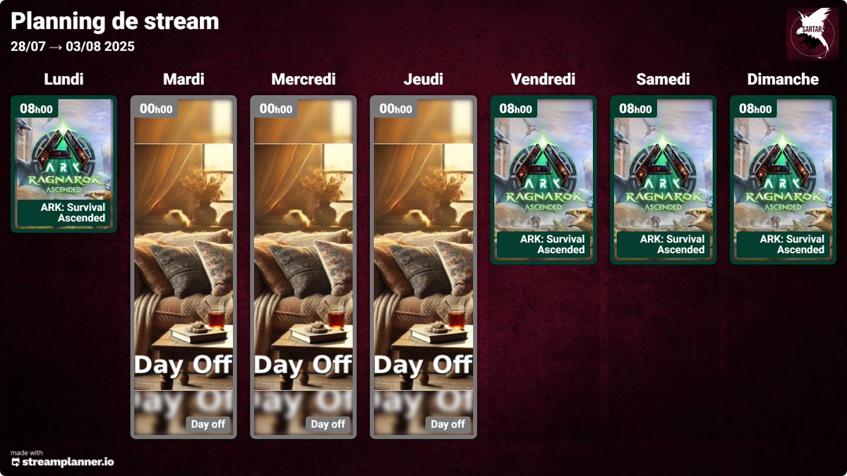 Sartar_'s tweet image. 🗓️ Planning du 28/07 au 03/08
🎮 Lundi 08h : #ARKSurvivalAscended (fin vers 10h40)
⏸️ Mar-Mer-Jeu : pause, retour vendredi !
🔥 Ven-Sam-Dim 08h : on continue ARK
💡 Test possible de la bêta Star Rupture (style #Satisfactory ) ou #Grounded2 
#Twitch #SurvivalGame