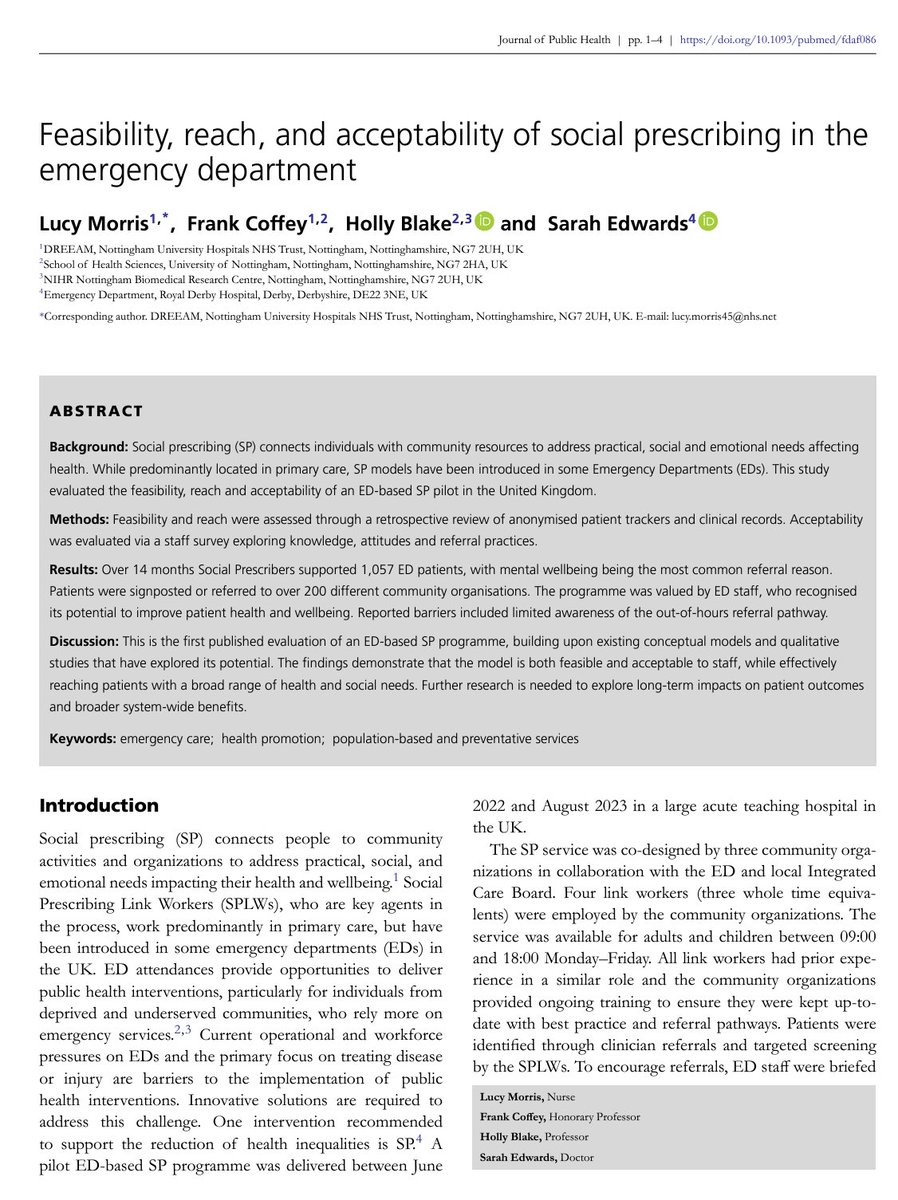 Dr Sarah Edwards (@drsarahedwards) on Twitter photo 🆕 New in Journal of Public Health:
Can social prescribing work in the ED?
✅ 1,057 patients supported
✅ 95% of ED staff said it reduced workload
📖 doi.org/10.1093/pubmed…
<a href="/FrankCoffey26/">Frank Coffey</a> <a href="/hollyblakenotts/">Prof. Holly Blake</a> <a href="/NUHDREEAM/">DREEAM</a> <a href="/RCollEM/">Royal College of Emergency Medicine</a>
#SocialPrescribing #HealthInequalities 🆕 New in Journal of Public Health:
Can social prescribing work in the ED?
✅ 1,057 patients supported
✅ 95% of ED staff said it reduced workload
📖 doi.org/10.1093/pubmed…
<a href="/FrankCoffey26/">Frank Coffey</a> <a href="/hollyblakenotts/">Prof. Holly Blake</a> <a href="/NUHDREEAM/">DREEAM</a> <a href="/RCollEM/">Royal College of Emergency Medicine</a>
#SocialPrescribing #HealthInequalities