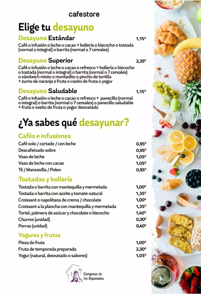 Carta de desayunos del Congreso de los Diputados