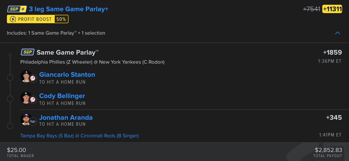 PlusEVKing's tweet image. Fanduel MLB Home Runs 50% Boost ⚾️
Targeting a few bats in the 2 games expected to see the most 💣 according to @BallparkPal
$25 to win 2.8k for 3 swings? Light work!