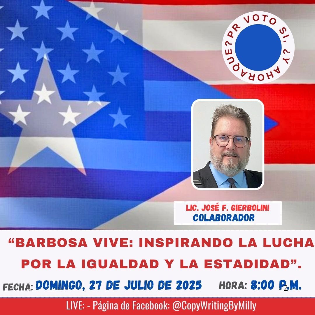 Copywritingby's tweet image. Te esperamos #hoy en el foro virtual educativo; “PR voto SI… ¿Y Ahora Qué?..

🔹 Tema del episodio: “Barbosa Vive: Inspirando la Lucha por la Igualdad y la Estadidad”.

📍 Página de facebook: @copywritingbymilly 
⏰ 8:00 p.m. 
🔹 Invitado: Lic. José F. Gierbolini