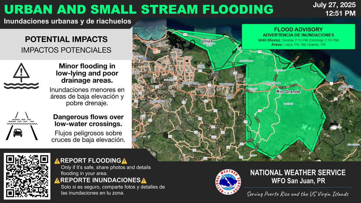 NWSSanJuan's tweet image. ⚠️LOIZA and RIO GRANDE⚠️
Urban and Small Stream Flood Advisory. | Advertencia de Inundaciones Urbanas y de Riachuelos.
Until | Hasta: 2:15 PM AST Jul 27
#PRwx