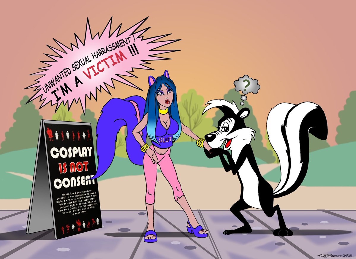 Aecentric's tweet image. My finished drawing from @KittyFlipCity drawstream yesterday with @MadnessComic
and @FlipCityMag, the theme
CLASSIC TOONS IN MODERN PROBLEMS. Pepe Le Pew has to adjust to the state of 2025.