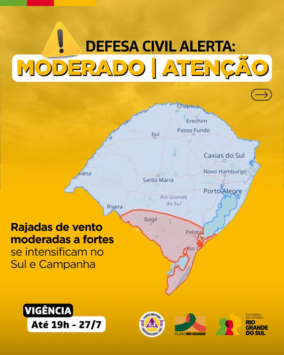 DefesaCivilRS's tweet image. Defesa Civil alerta: Condição de ATENÇÃO para rajadas de vento moderadas a fortes, que se intensificam no Sul e Campanha. Válido até 19h do dia 27 de julho. Risco MODERADO de queda de árvores e energia. Evite áreas de risco. Emergência ligue 190/193.