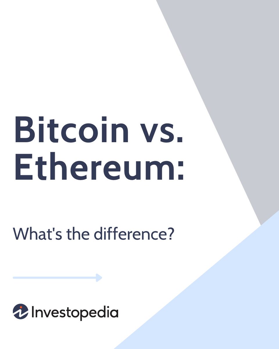 Investopedia's tweet image. Bitcoin and Ethereum may look alike, but they serve very different purposes—one’s digital gold, the other powers Web3. Know the difference before you invest. 🔗investopedia.com/articles/inves…