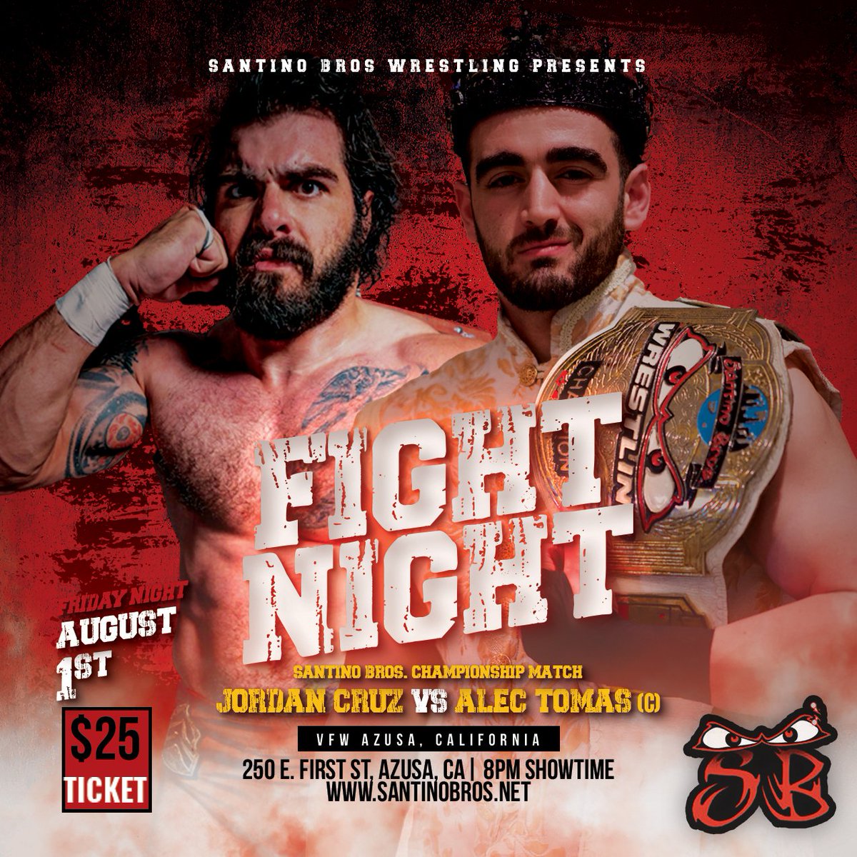 SantinoBros's tweet image. 🏆 Santino Bros. Title on the line!

Jordan Cruz wants gold. Alec Tomas ain’t ready to give it up. Only one walks out champ at FIGHT NIGHT.

🔥 $5 OFF tickets! ends soon!
🎟️ SBFIGHTNIGHT.eventbrite.com
📍 Azusa, CA | Friday Aug 1 | 8PM