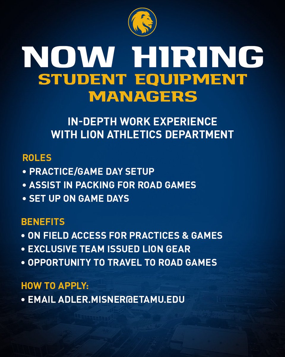 East Texas A&M Equipment (@official_lioneq) on Twitter photo Come join the East Texas A&M Equipment Staff. Help establish a First Class program while setting the standard! Email or message us <a href="/Lion_Athletics/">East Texas A&M Lion Athletics</a> <a href="/admisner16/">Adler Leadlove-Misner</a> <a href="/etamuniversity/">East Texas A&M University 🦁</a>
#HailET Come join the East Texas A&M Equipment Staff. Help establish a First Class program while setting the standard! Email or message us <a href="/Lion_Athletics/">East Texas A&M Lion Athletics</a> <a href="/admisner16/">Adler Leadlove-Misner</a> <a href="/etamuniversity/">East Texas A&M University 🦁</a>
#HailET