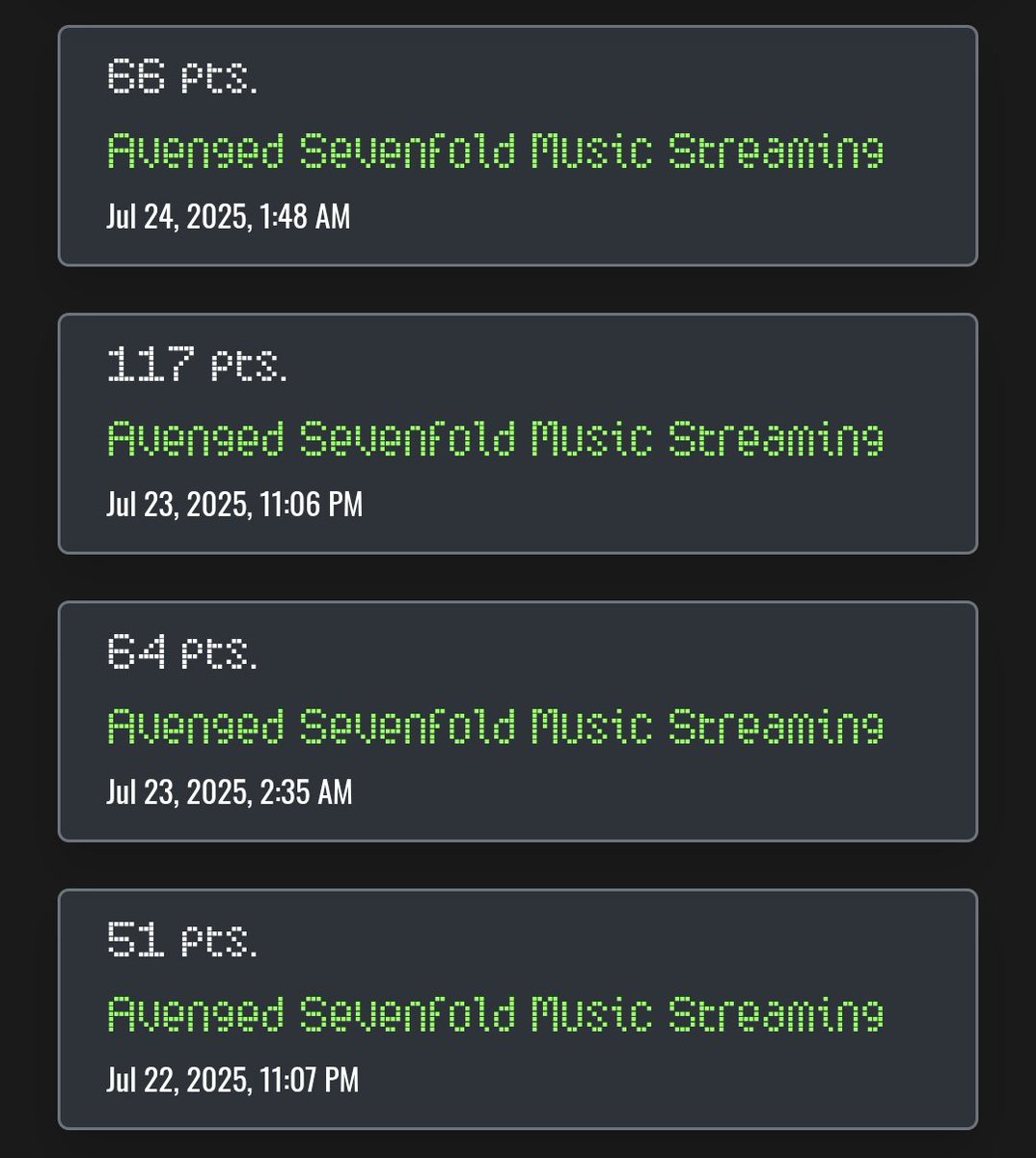fallenparx's tweet image. maxing out my A7X music streaming points 😈
this whole streaming thing moved me 2 tiers already — which is great since i can't exactly afford their merch (or the shipping really 💀)
let's gooooo @TheOfficialA7X @DeathbatsClub 🔥🔥