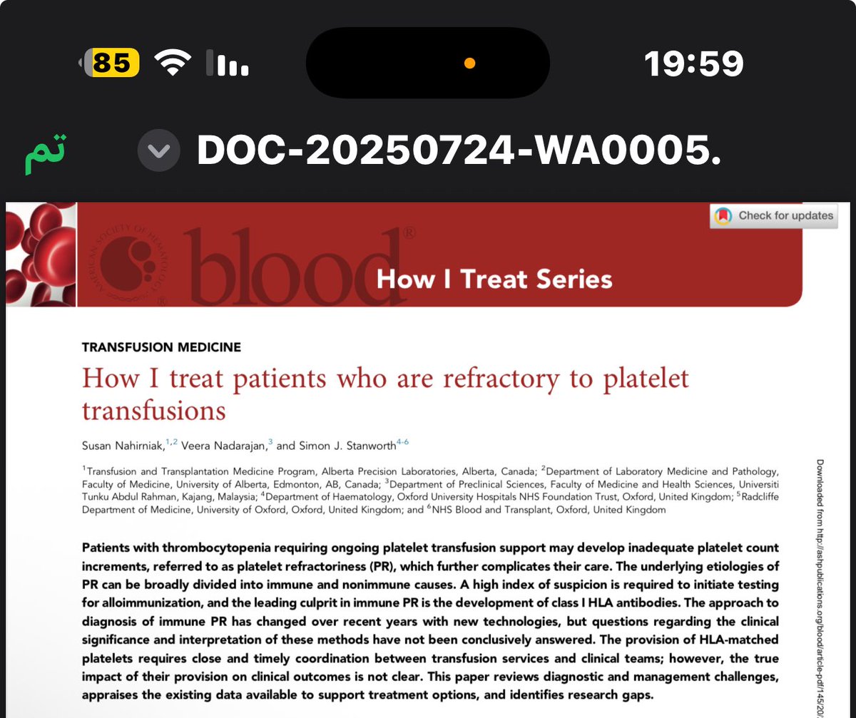 abouabdrahman0's tweet image. 🧵 How I treat platelet transfusion refractoriness
🩸 Blood 2025 review by Nahirniak et al.

1️⃣ Definition: PR = inadequate post-transfusion platelet increment (PI ≤ 5–10×10⁹/L) on 2 occasions.
📊 CCI = (PI × BSA) / platelet dose.

2️⃣ Causes:
🔹 Immune (HLA antibodies – class I…