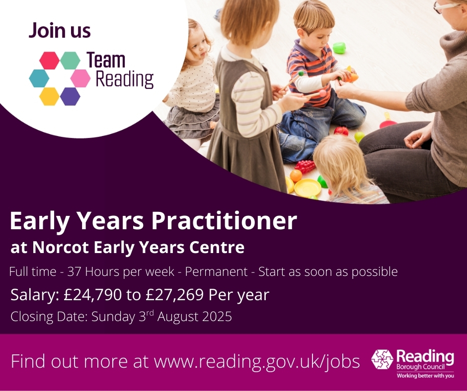 ReadingCouncil's tweet image. Are you an Early Years professional looking to make a real difference in children’s lives? Norcot Early Years Centre, an Ofsted-rated Outstanding setting, is seeking a dedicated Early Years Practitioner to join our dynamic and supportive team.

To apply: rdguk.info/z0Abp
