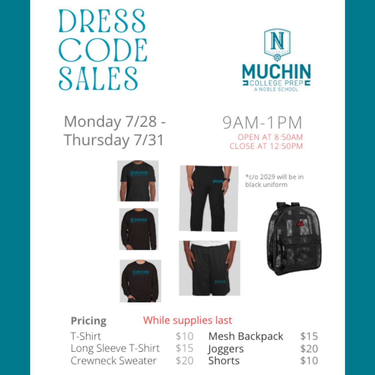 BeNobleMuchin's tweet photo. Uniform sales begin TOMORROW! Don't forget to stop by when doors are open to purchase your SY26 uniform. Scholars, siblings, and other family members may purchase on behalf of scholar. Cash/Card accepted. Can't make it? Email registration2029@muchincollegeprep.org https://t.co/LUNqsa9a2T