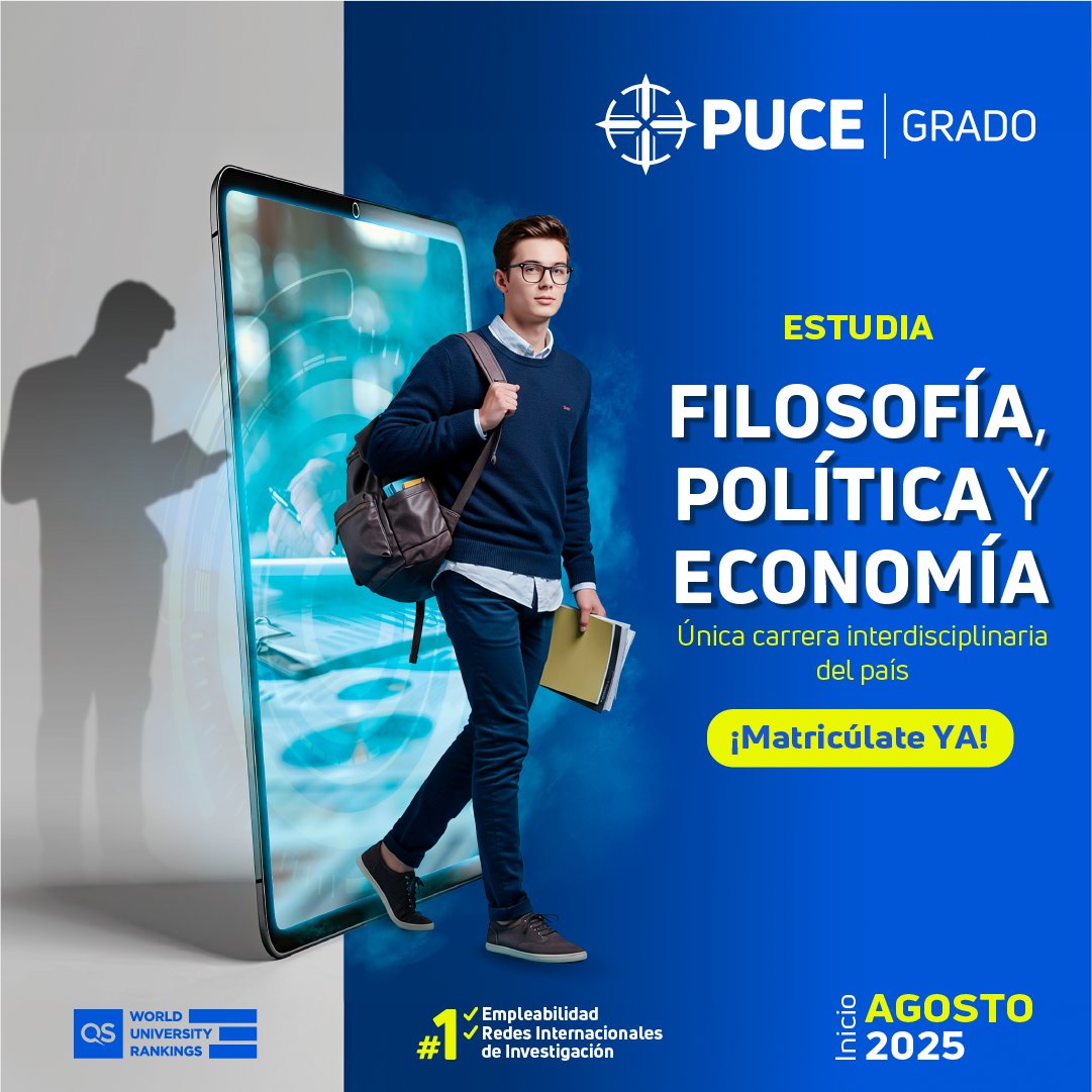 🧠📜 ¡Analiza, argumenta y actúa por un mundo más justo!
  Estudia Filosofía, Política y Economía en la PUCE y comprende las ideas que construyen las sociedades.
  🗓️ Inicio de clases: agosto 2025
  👉🏻 Matricúlate hoy: bit.ly/3GkFvMC