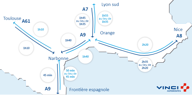 VINCIAutoroutes's tweet image. #Infotrafic à 19h00 ⏱️ Vos temps de parcours sur @A7Trafic, @A8Trafic, @A9Trafic et @A61Trafic. Bien vous informer, pour vous permettre de #BienVoyager.