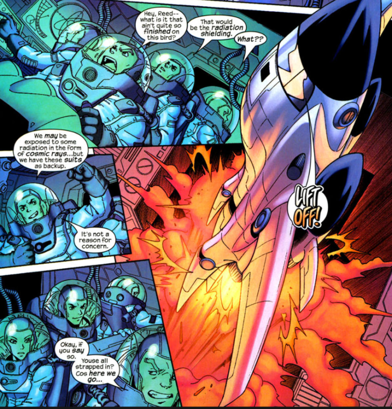 andrewthemandr6's tweet image. The Marvel Age book's take on the FF's origin feels like it's designed to make Reed feel as guilty as possible
-Reed and co are doing the launch illegally
-He knows AND tells everyone there's no radiation shielding and but the whole time is like "nah trust the process ben"