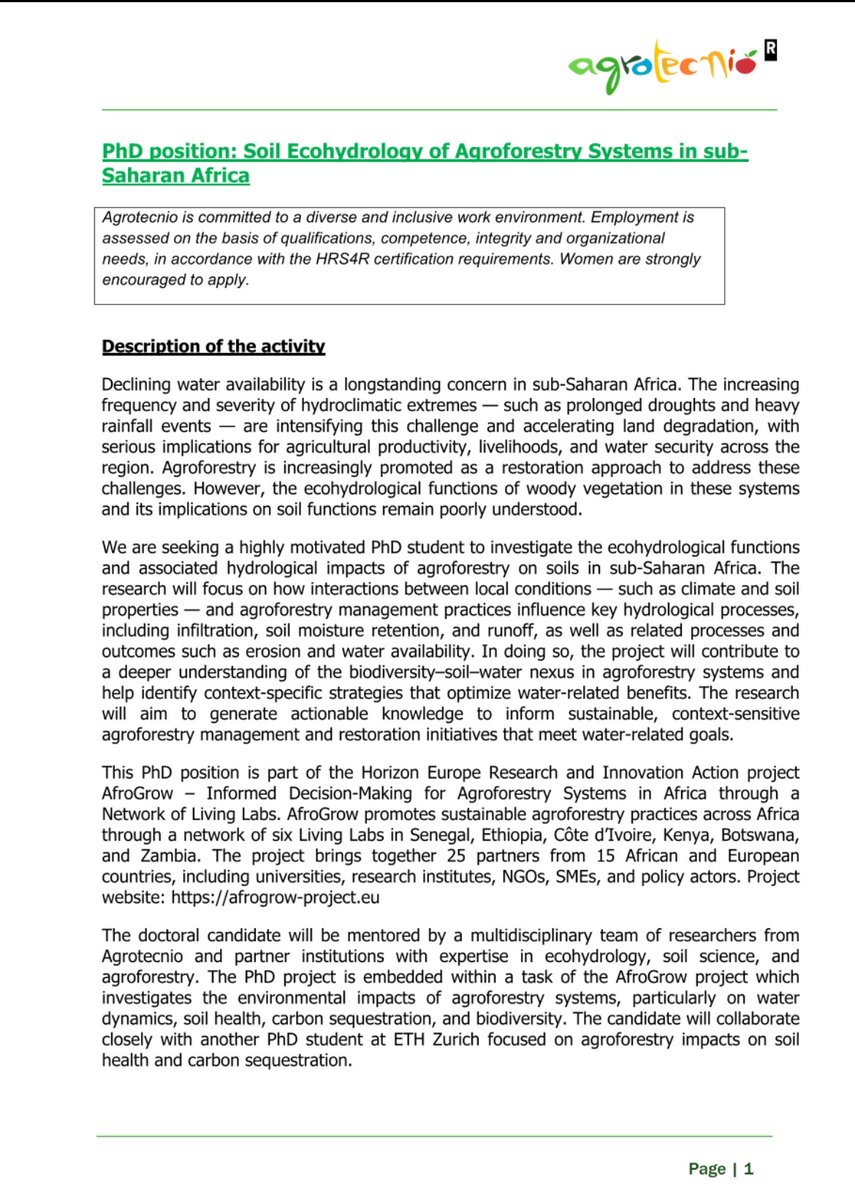 ObengCosmos's tweet image. PhD position: Soil Ecohydrology of Agroforestry Systems in sub-Saharan Africa