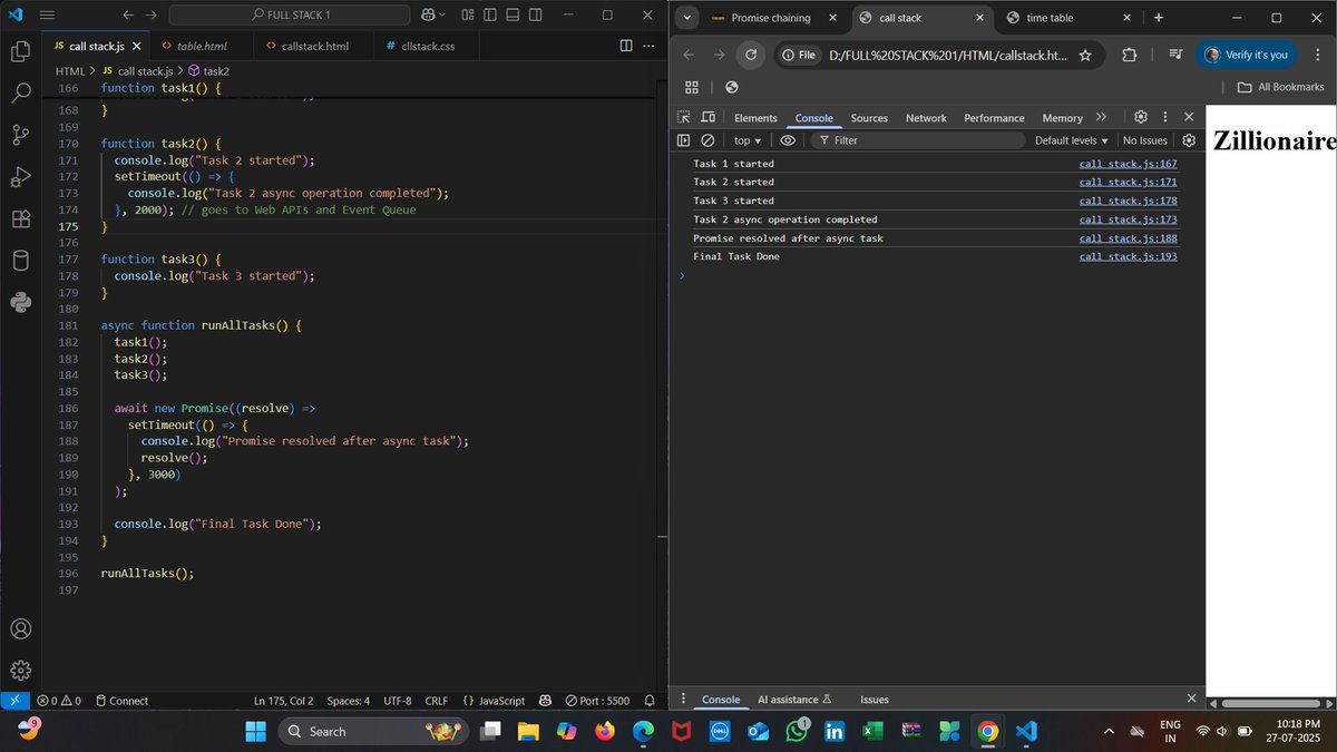 Zx_miss_lassie_'s tweet image. #Day21&lt;&lt;#apnacollege
#100dayscodechallenge
🔹Practicing JavaScript today!
• Call Stack
• Promise Chaining
• Code Refactoring
Improving logic, async handling, and writing cleaner code.
#JavaScript #CodePractice #WebDev #100DaysOfCode