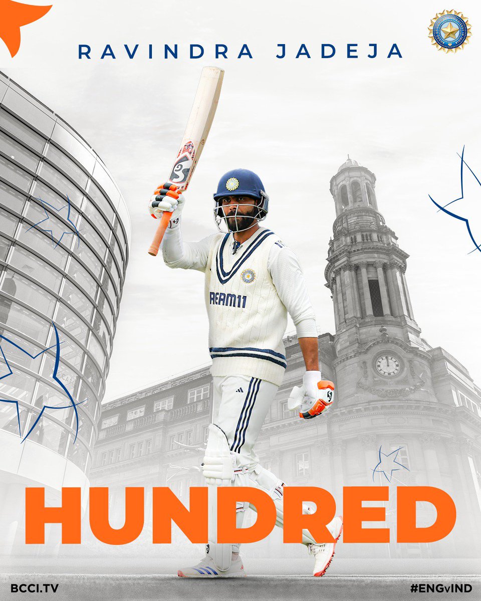 CENTURY for super star Ravindra Jadeja 💯
He gets to his 2nd Test Hundred in England and 5th Test Hundred Overall 🙌
सुपर स्टार जड्डू भाई...
मजा आ गया बापू....💪🙂😊💥🎉
 #RavindraJadeja #washingtonsunder  #TeamIndiana #INDvsENGTest