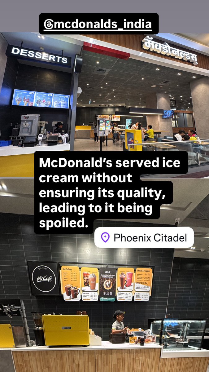 Tanya4sam's tweet photo. Hey @mcdonaldsindia, stop asking for my location—I already shared it. Staff was polite, but the spoiled ice cream and poor hygiene standards are shocking. This isn’t just one store, it’s a brand issue. Complaint register denied Kids’ health is at risk. @fssaiindia,please step in. https://t.co/g370oza8xp