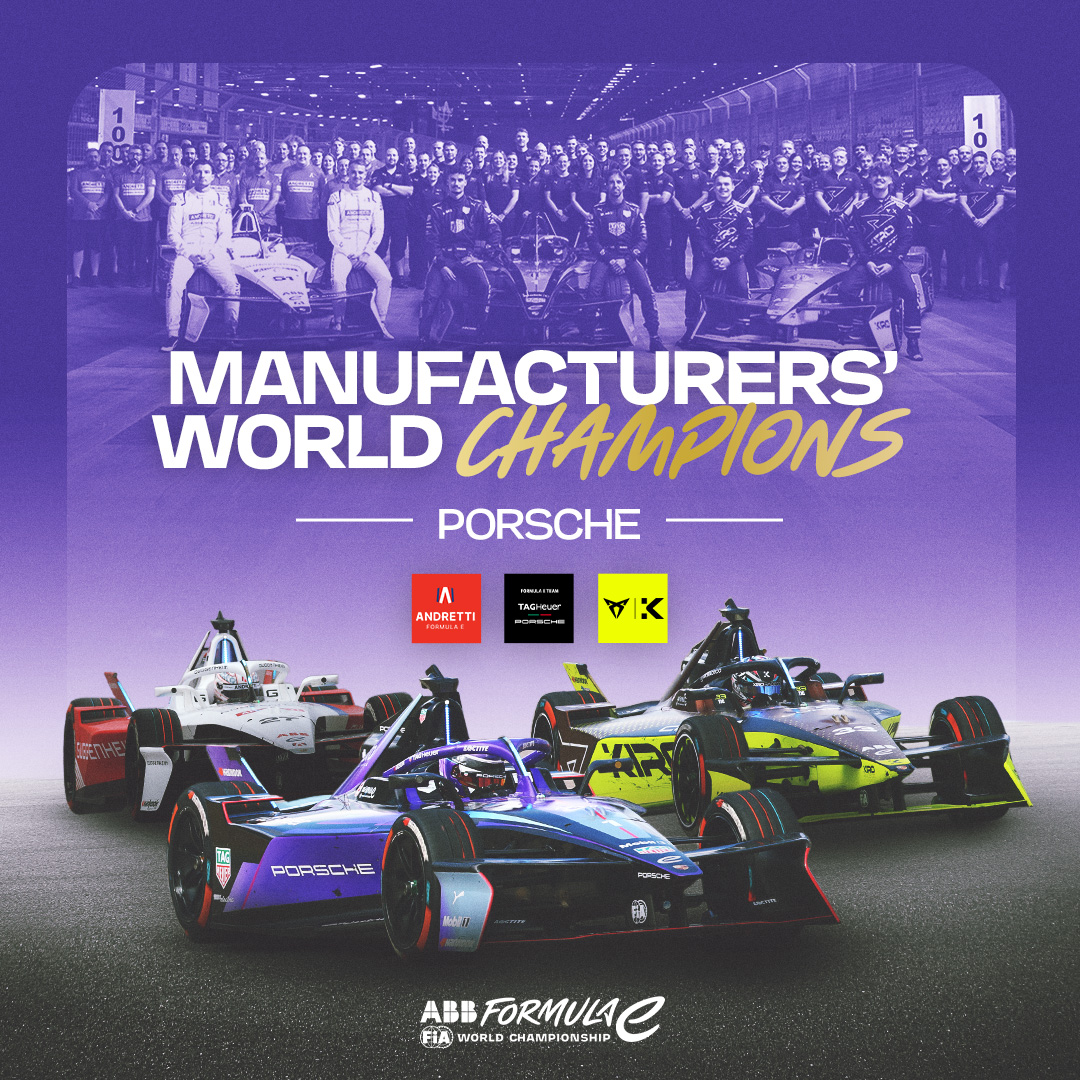 FIAFormulaE's tweet photo. Porsche secure the first-ever Manufacturers’ title! 🏆

@PorscheFormulaE  @AndrettiFE @KiroRaceCo 👏

@Marvel Fantastic Four #LondonEPrix https://t.co/PM8uLtYd6n