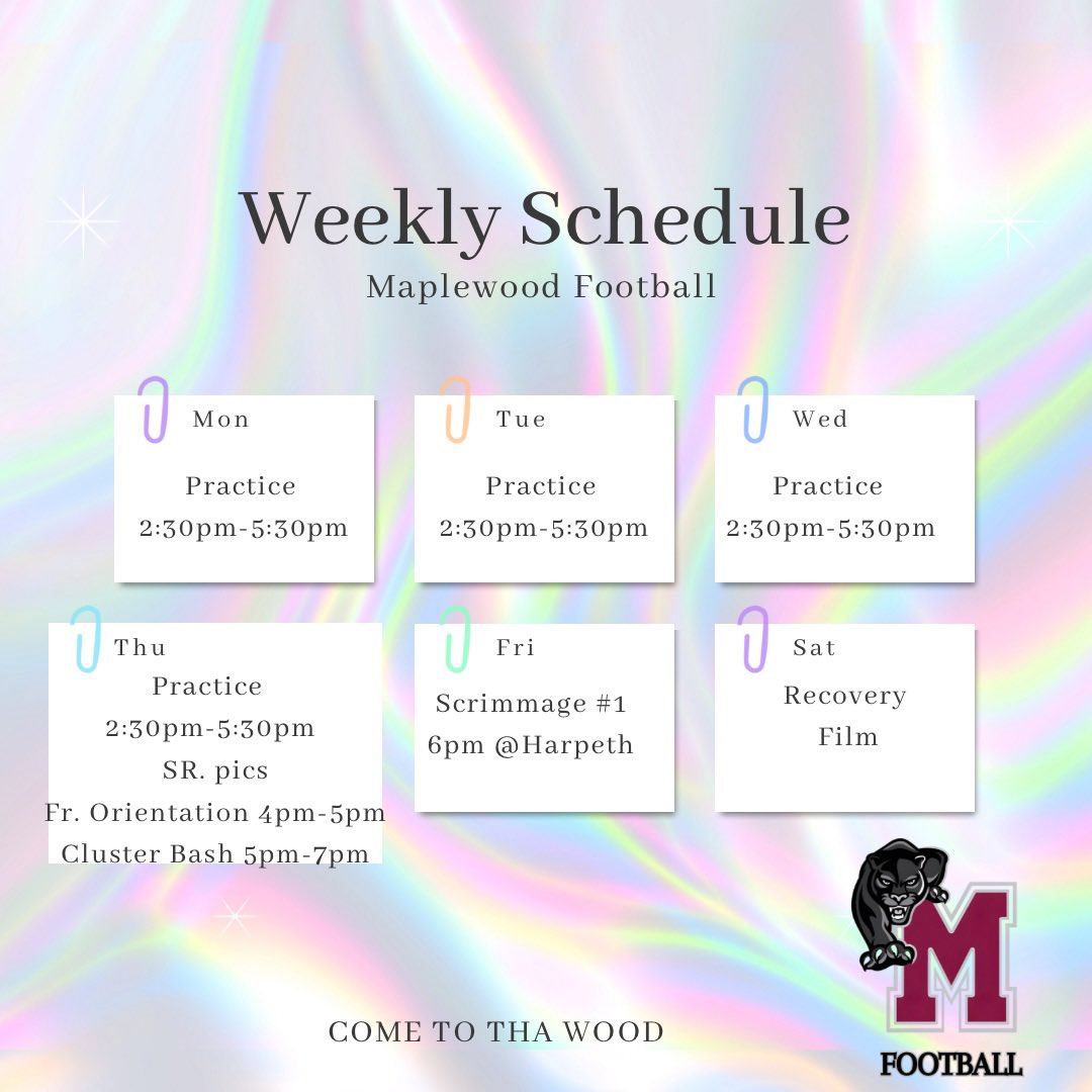 WEEKLY SCHEDULE DROP!

Practice:
Mon–Thu | 2:30PM–5:30PM
📸 Thursday:
•Senior Pics 📷
•Freshman Orientation | 4PM–5PM
•Cluster Bash | 5PM–7PM
Friday:
Scrimmage #1 vs Harpeth | 6PM (Away) ‼️

Saturday:
Recovery +🎥