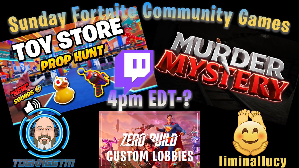 ToeKneeTM's tweet image. Sunday Stream? What? 

Oh yeah! We&apos;re doing Community Games today featuring Fortnite! Murder Mystery, Prop Hunt and Freeze Tag as well as possible custom BR lobbies.

It all starts at 4pm Eastern with @liminallucy, @lilredbowpeep, @randobeantv and YOU! See you soon. Link in bio.