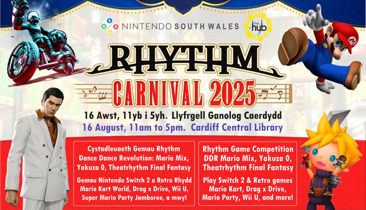 Nintendo South Wales (@nintendo_sw) on Twitter photo 🎼🎵 Get into the groove at NSW Rhythm Festival. Free #Cardiff event <a href="/cardiff_hub/">Cardiff Central Library Hub</a> Sat, 16 Aug. 11am-5pm
🔹 Rhythm Game High-Score Contest
- Yakuza 0
- Theatrhythm Final Bar Line
- DDR Mario Mix
🔹 Drag x Drive Showcase
🔸 Switch 2 & Retro free play
fb.me/e/3m7UTsAM4 🎼🎵 Get into the groove at NSW Rhythm Festival. Free #Cardiff event <a href="/cardiff_hub/">Cardiff Central Library Hub</a> Sat, 16 Aug. 11am-5pm
🔹 Rhythm Game High-Score Contest
- Yakuza 0
- Theatrhythm Final Bar Line
- DDR Mario Mix
🔹 Drag x Drive Showcase
🔸 Switch 2 & Retro free play
fb.me/e/3m7UTsAM4