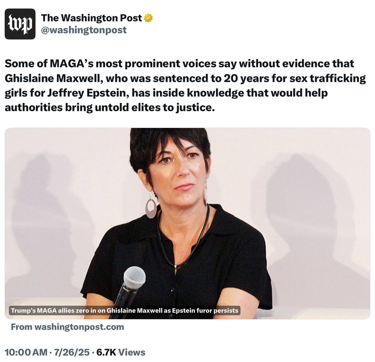 realJustATheory's tweet image. The Washington Post says there is no evidence that Ghislane Maxwell knows what she&apos;s talking about, while simultaneously saying she&apos;s in jail for 20 years for trafficking minors to Epstein.

Do they not proof read their headlines?

Follow: @realJustATheory