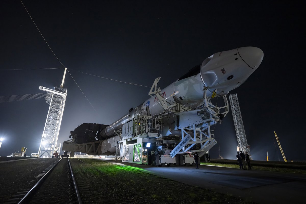 RevesdEspace's tweet image. 🚀 #Falcon9 a été roulée sur le pas de tir LC-39A au Kennedy Space Center avec le vaisseau #CrewDragon à son sommet, 4 jours avant le lancement de l'équipage #Crew11 à destination de l'ISS
📷 SpaceX