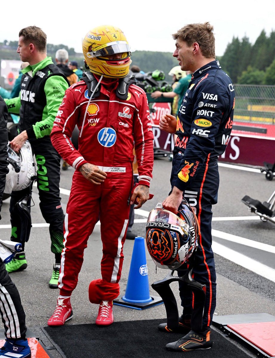 maybezax's tweet image. Max and Lewis after the race (ft. Kimi) 😭
