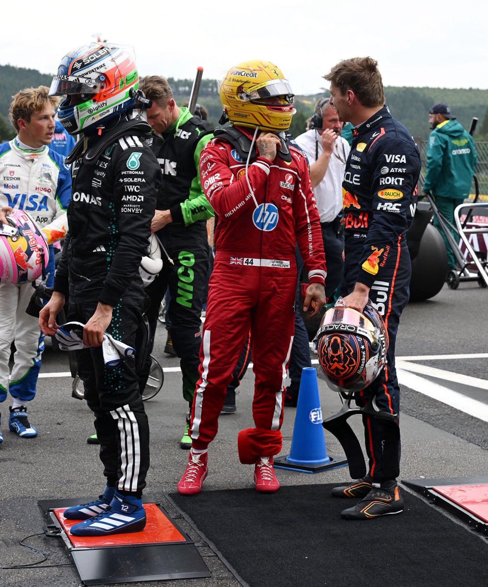 maybezax's tweet image. Max and Lewis after the race (ft. Kimi) 😭