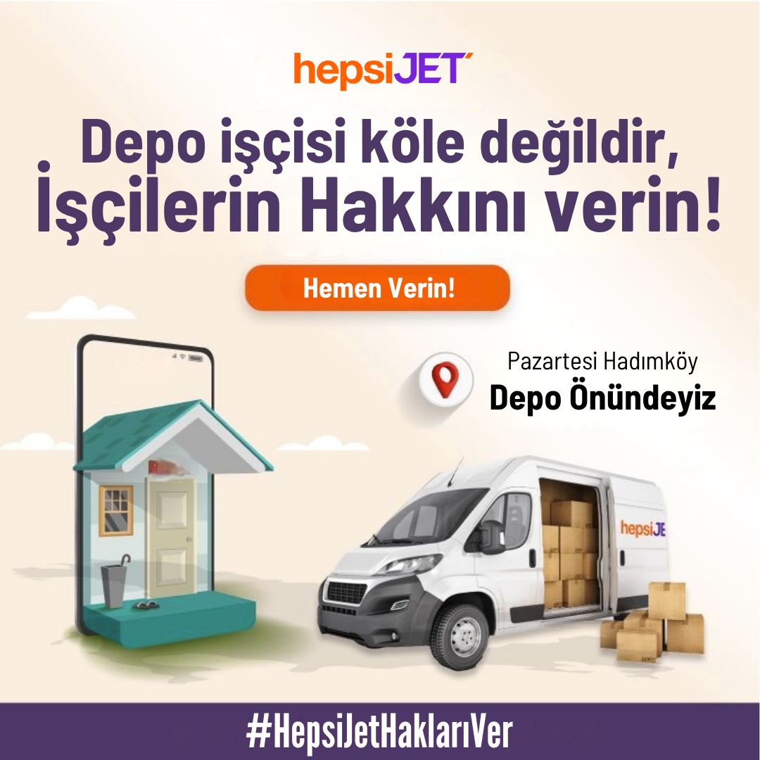 Kölelik koşullarını, güvencesiz çalışma koşullarını, onursuz uygulamaları kabul etmedik etmiyoruz.<a href="/hepsijet/">HepsiJET</a> <a href="/hepsiburada/">Hepsiburada</a> Siz bizim karşımıza çıkmadığınız her gün her dakika biz daha da hırslanıyoruz daha fazla güçleniyoruz  daha çok direncimiz artıyor!!