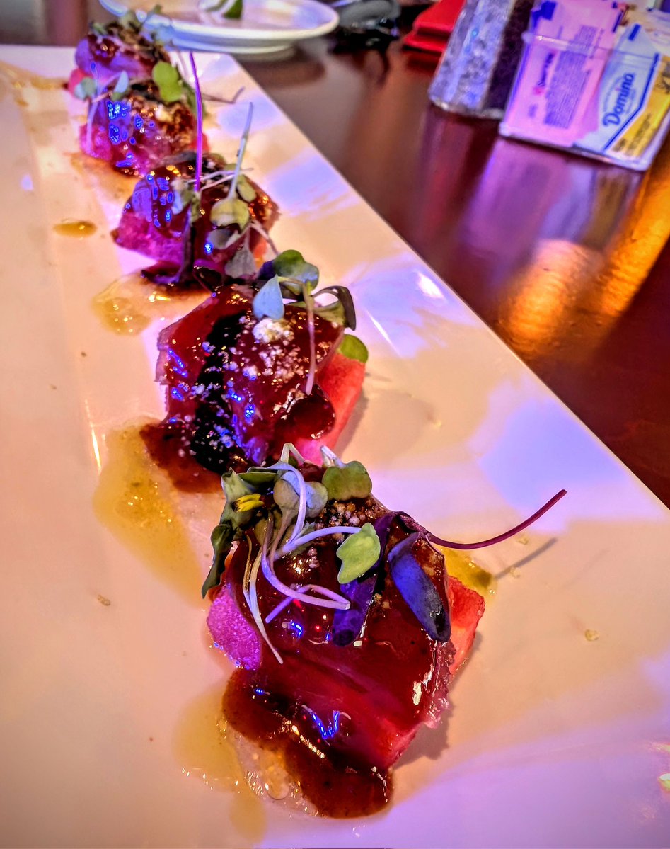 BBQBryan's tweet image. Tuna Sashimi and Watermelon topped with house made candied Wasabi and Lime Vinaigrette at Redfish Grill in Tomball. 
A refreshing summer bite!